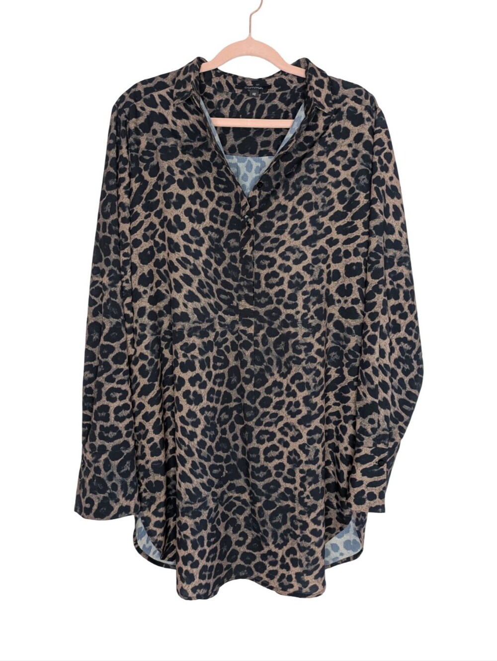 Leopard Print Long-Sleeve Tunic Blouse - Tan/Black By Comma Size 12